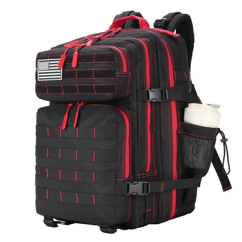45L Military Tactical Backpacks 3 Days Assault Pack Bag Fitness Rucksack Bug Out Bag Hiking Treeking - color: Black&red