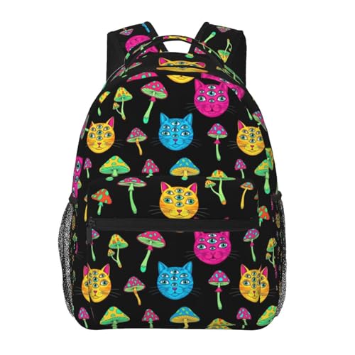 Casual Travel Daypack Halloween Trippy Eyes Black Cat Mushrooms, Multi Pocket Water Resistant Backpack for Men Women Weekend Getaways - color: Pattern (268)