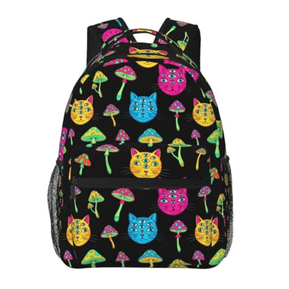Casual Travel Daypack Halloween Trippy Eyes Black Cat Mushrooms, Multi Pocket Water Resistant Backpack for Men Women Weekend Getaways - color: Pattern (268)
