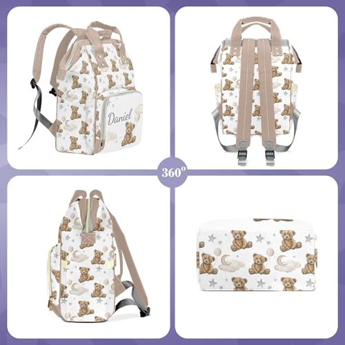 Bear Custom Name Diaper Bag Large Khaki and Brown Monogram Diaper Bag Nappy Backpack for Boys, Large Storage Adjustable Mom Bags Backpack (Bear) - color: Bear