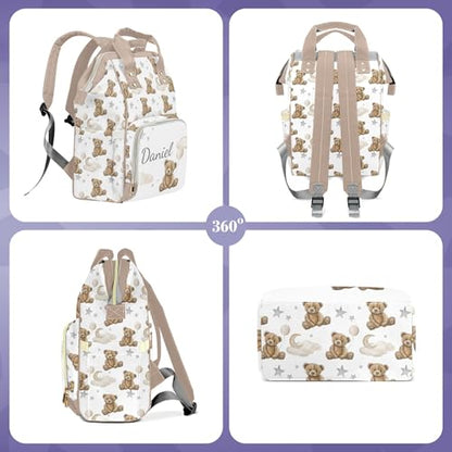 Bear Custom Name Diaper Bag Large Khaki and Brown Monogram Diaper Bag Nappy Backpack for Boys, Large Storage Adjustable Mom Bags Backpack (Bear) - color: Bear