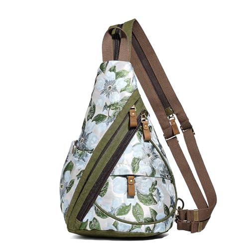 KL928 Canvas Sling Bag - Small Crossbody Backpack Shoulder Casual Daypack Rucksack for Men Women(Embroidery Green) - color: Canvas-embroidery Green