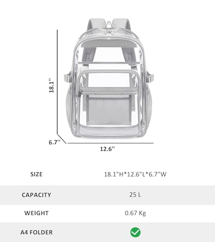 abshoo Big Heavy Duty Clear Backpack for School Girls Boys Transparent Bookbag for Middle High School (Gray) - color: Gray