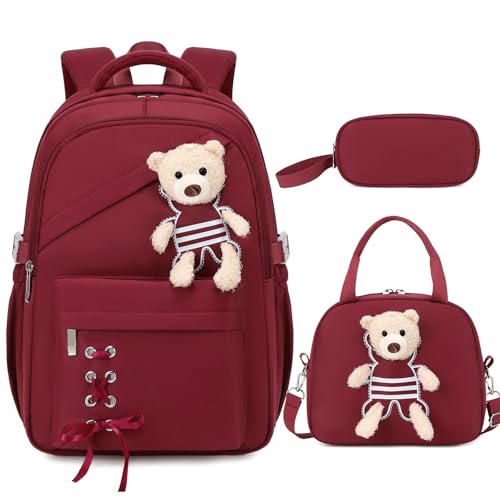 ACESAK School Backpack for Girls - 3 PCS Cute Girls Backpack with Lunch Box & Pencil Case - Kawaii Casual Kids Bookbag School Bag Daypacks Set for Elementary Middle High School Student Teens (Red) - color: Red