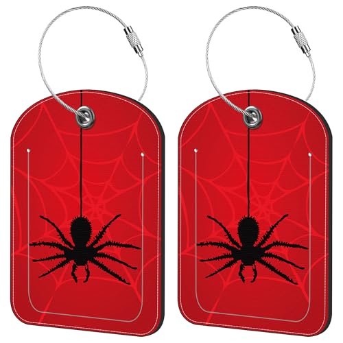 2 Pack Cute Luggage Tag for Suitcases Spider on Spider Web Leather Luggage Tags with Stainless Steel Loop Privacy Flap Name Tags,Men and Women Travel Bag Suitcase Tags - color: Spider on Spider Web