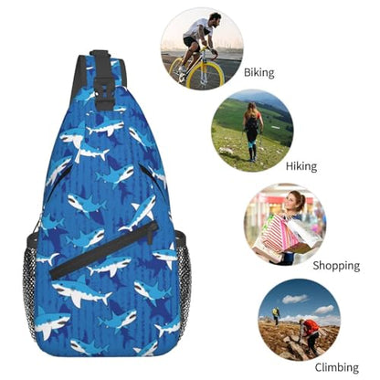 Blue cartoon Sharks Outdoor Crossbody Shoulder Bag For Unisex Young Adult Hiking Bicycling - color: 19