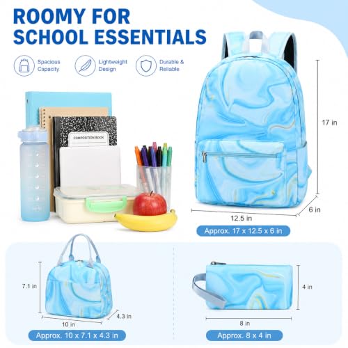 LOIDOU Backpack for Teen Girls Bookbags School Backpack with Lunch Box and Pencil Case 3 in 1 School Bags Set - color: Marble Blue