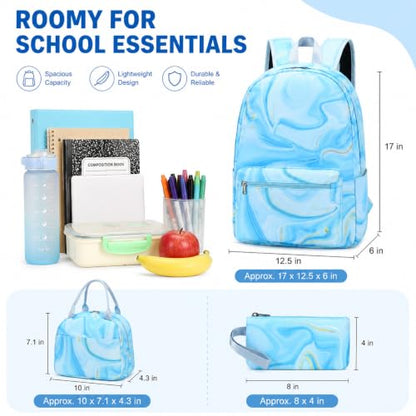 LOIDOU Backpack for Teen Girls Bookbags School Backpack with Lunch Box and Pencil Case 3 in 1 School Bags Set - color: Marble Blue