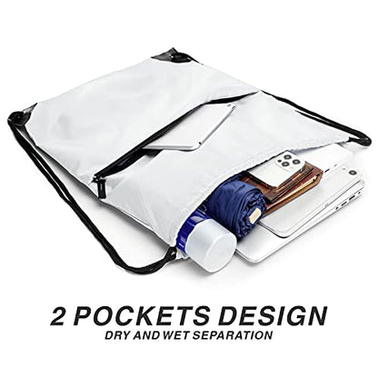 Drawstring Backpack Sports Water Resistant String Bag Sport Gym Sackpack for Women Men Large with Zipper, White - color: White