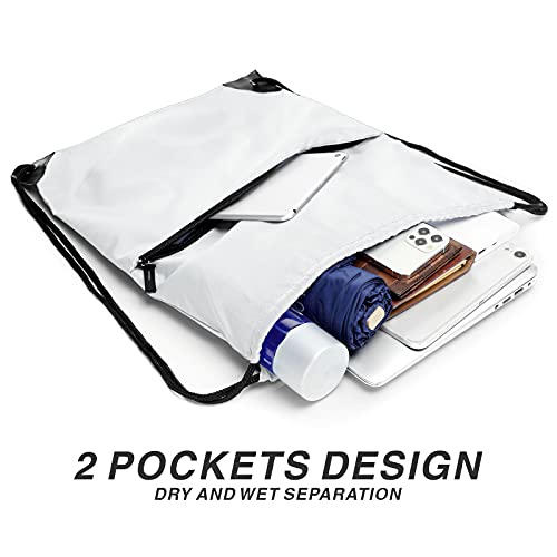 Drawstring Backpack Sports Water Resistant String Bag Sport Gym Sackpack for Women Men Large with Zipper, White - color: White