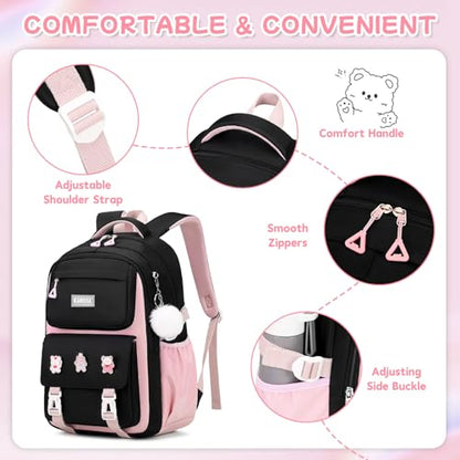 Girls Backpack, Kids Backpack for Girls with Anti-theft Back Pocket, Lightweight School Back pack, Watrer Resistant, Bookbag for Elementary Primary School, Black Pink - color: Black Pink