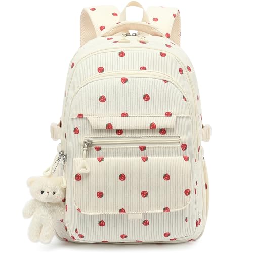PRLINJSK Girls Backpack for College High Middle School Student, Cute Aesthetic Bookbag for Teens Women with Accessories, Beige Strawberry - color: Strawberry Corduroy White, size: 17.5 Inch