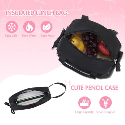 Kids Backpack for Girls - 3PCS Cute Embroidered Bow Girls Backpack with Insulated Lunch Bag & Pencil Case - Bookbag for Teen Women Middle High School College Work Travel Daypack - color: Black