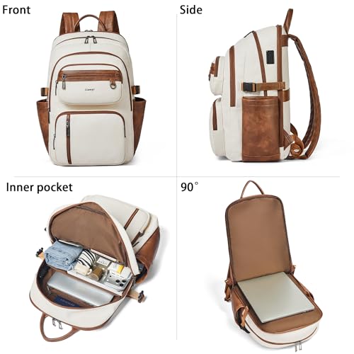 Vegan Leather Backpack, TSA Travel Backpack for Men and Women, Fits 17.0 Inch Laptop with Luggage Strap, Beige - color: Beige