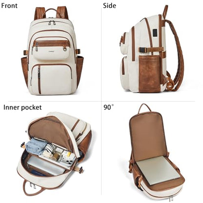 Vegan Leather Backpack, TSA Travel Backpack for Men and Women, Fits 17.0 Inch Laptop with Luggage Strap, Beige - color: Beige