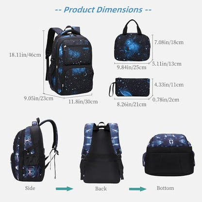 MITOWERMI Boys Backpacks for Primary Junior School Kids Backpack with Lunch Box Galaxy Space Bookbags for Boys Girls - color: #01 Black-blue Galaxy, style: 3 Pcs Set Backpack