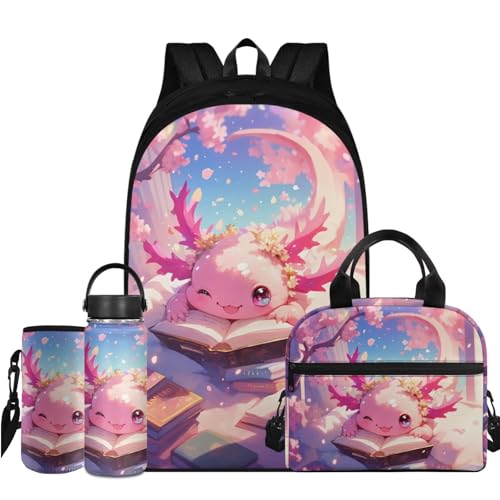 Flashideas Cherry Blossom Axolotl Backpack for Girls Kids Backpack with Lunch Box 32 oz Water Bottle and Water Bottle Carrier 4Pcs Set 17" Lightweight Elementary Bookbag with Compartments for School - color: Cherry Blossom Axolotl-2