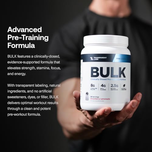 Transparent Labs Bulk Pre Workout Powder - Naturally Sweetened Preworkout for Men & Women, Pre Work Out for Muscle Building & Strength w/Beta Alanine & BetaPure - 30 Servings, Strawberry Lemonade
