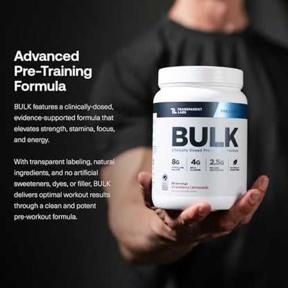 Transparent Labs Bulk Pre Workout Powder - Naturally Sweetened Preworkout for Men & Women, Pre Work Out for Muscle Building & Strength w/Beta Alanine & BetaPure - 30 Servings, Strawberry Lemonade