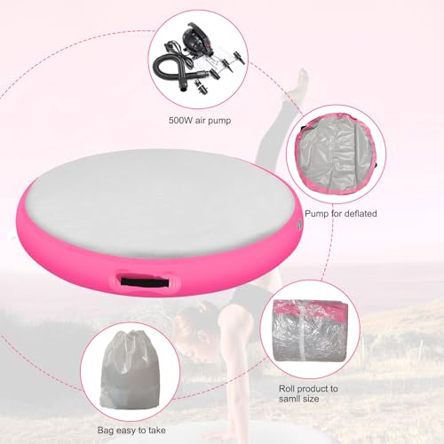 Inflatable Gymnastic Air Spot Mat Tumbling Exercise Yoga Training Mat With Pump, Inflatable Round Springboard Air Roller Gym Floor Track For Home Use/Cheerleading/Water - color: pink
