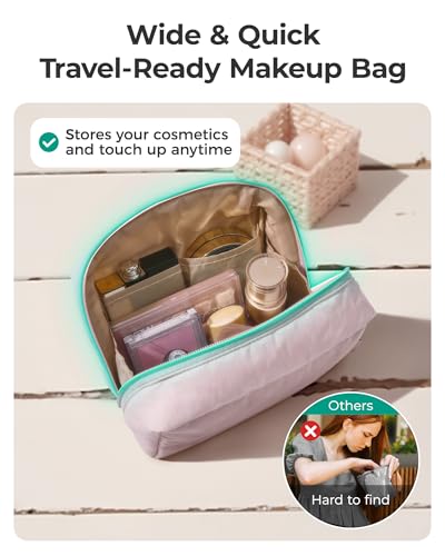 BAGSMART Puffy Makeup Bag, Wide Opening Cosmetic Organizer, Soft Water-Resistant Travel Toiletry Pouch for Women for Purse, Compact & Spacious - color: 02-Baby Blue