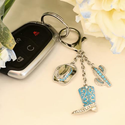 Madison Tyler Western Cowboy Boots Cherry Bow Bubble Tea Strawberry Cute Keychain | Bag Charms for Handbags Purse Charms - color: Blue Boots