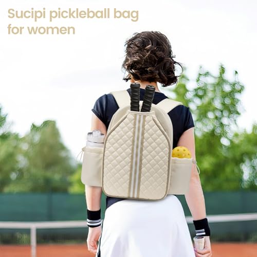 Sucipi Pickleball Bags for Women Lightweight Crossbody and Stylish Quilted Pickleball Paddle Sling Bag Backpack - color: Beige, size: Large