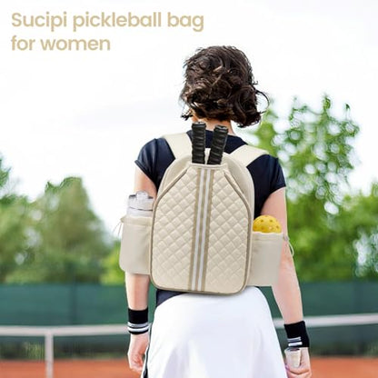 Sucipi Pickleball Bags for Women Lightweight Crossbody and Stylish Quilted Pickleball Paddle Sling Bag Backpack - color: Beige, size: Large
