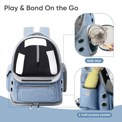 Cat Backpack Carrier, Breathable Cat Bubble Backpack for Kitty & Small Dog, Large Space Cat Carrier Backpack, Foldable Airline Approved Carrier for Trip Vet Travel up to 18lbs（Blue） - color: Blue