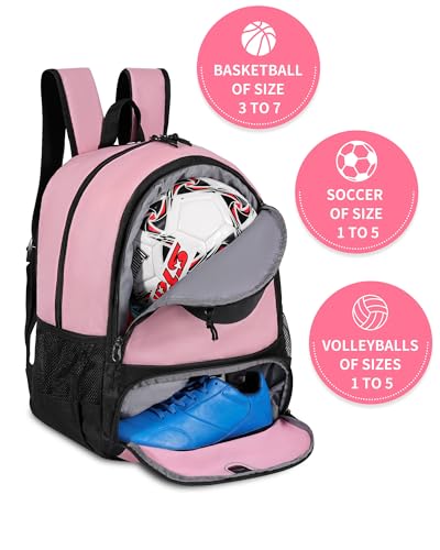 Basketball Bag Backpack for Men Women with Ball & Shoes Compartment 30L Capacity Lightweight Breathable Boys Girls Soccer Ball Bag Backpack Fit Volleyball Football Sports Travel School Gym - color: TK8Black Pink