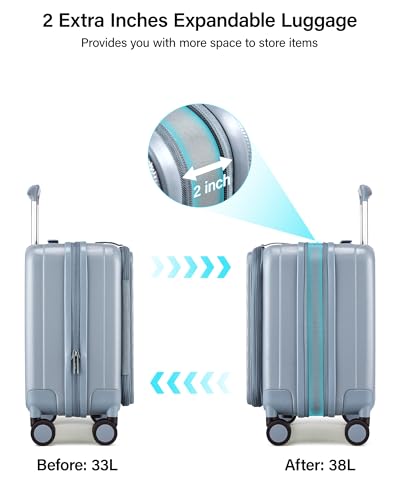 Hanke Top Opening Carry-On - Expandable 16 Inch Airline Approved Spinner | Easy-access top opening,360° spinner wheels,lightweight expandable hardshell, fits overhead bins,for overnight business trips - color: Grey, size: 16 Inch Expandable