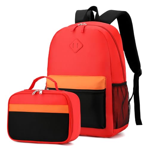 Backpack Set for Girls Boy Kids Backpack with Lunch Box for Elementary Primary Kindergarten School Bag (Red Black Set, Large) - color: Red Black