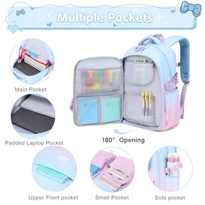 ACESAK Girls Backpack - 3PCS Backpack for Girls Cute School Backpacks for Girl Kindergarten Elementary Preschool Middle Kids School Bags with Lunch Box Pencil Case Set (Blue Purple) - color: Blue Purple