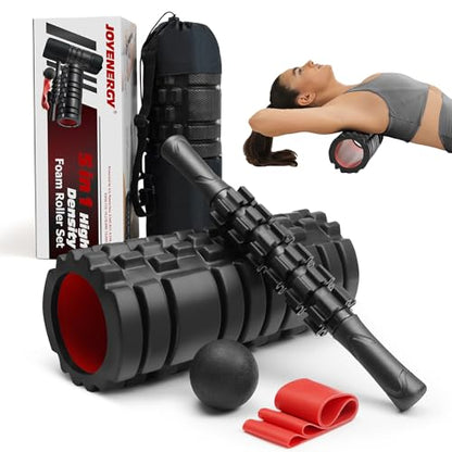 JOYENERGY 5 in 1 Foam Roller Set High Density Foam Roller Patented, Massage Stick, Massage Ball, Resistance Band for Deep Muscle Massage Pilates Yoga, Fitness for Trigger Point Release - color: Pure Black
