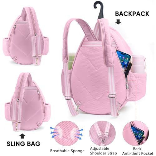 Quilted Tennis Bag for Women – Tennis Backpack & Crossbody Sling | Holds 2 Rackets or 3 Pickleball Paddles | Lightweight Badminton Racket Bag, Tennis Tote & Sports Backpack - color: Pink