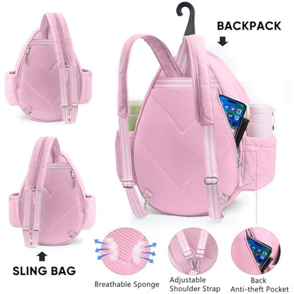 Quilted Tennis Bag for Women – Tennis Backpack & Crossbody Sling | Holds 2 Rackets or 3 Pickleball Paddles | Lightweight Badminton Racket Bag, Tennis Tote & Sports Backpack - color: Pink