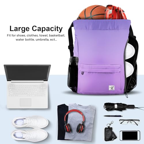 Drawstring Backpack with Mesh Pockets String Gym Bag Sackpack Sandproof Water Resistant Beach Backpack for Men Women - color: Light Purple Gradient