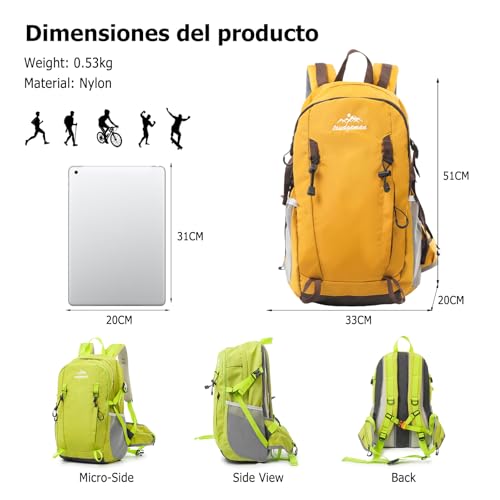 30L Hiking Backpack with Hydration Compartment Water Resistant Outdoor Daypack with Breathable Back System Rucksack for Camping Travel Daily Use Yellow - color: Yellow
