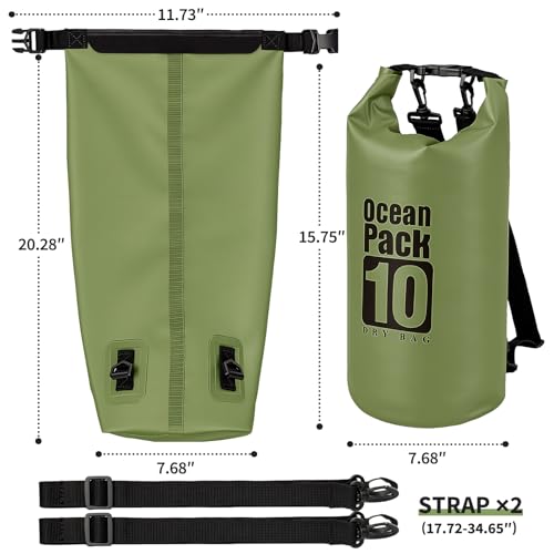 Waterproof Backpack 10L, Roll Top Water Proof Dry Bag Army Green, Floating Dry Bag for Kayaking Camping Boating, Lightweight Hiking Backpack with 7" Black IPX8 Waterproof Phone Case - color: Army green dry bag 10L + Phone pouch 7"