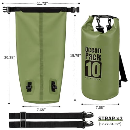 Waterproof Backpack 10L, Roll Top Water Proof Dry Bag Army Green, Floating Dry Bag for Kayaking Camping Boating, Lightweight Hiking Backpack with 7" Black IPX8 Waterproof Phone Case - color: Army green dry bag 10L + Phone pouch 7"
