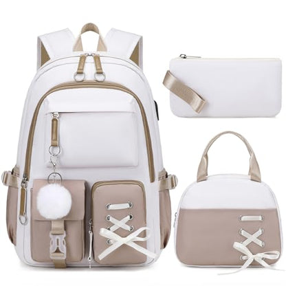 ACESAK Backpacks for Girls, Girls Backpack with Lunch Box and Pencil Case for Teen Kids Elementary Middle High School College Student, Children Backpack Bookbag with USB Charging Port (Khaki) - color: Off-white With Khaki Accent