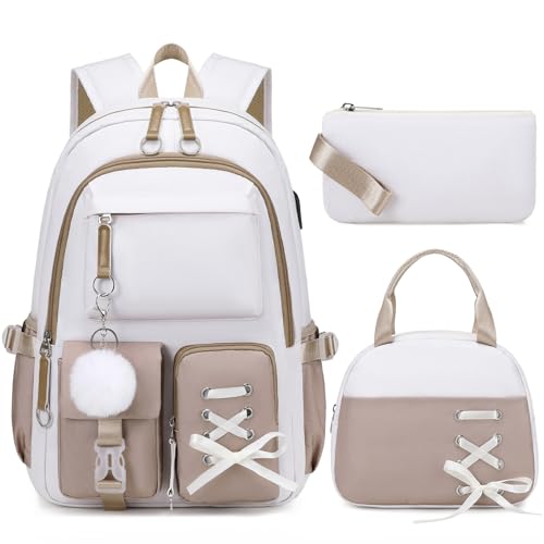ACESAK Backpacks for Girls, Girls Backpack with Lunch Box and Pencil Case for Teen Kids Elementary Middle High School College Student, Children Backpack Bookbag with USB Charging Port (Khaki) - color: Off-white With Khaki Accent
