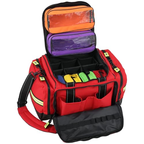 Lightning X LXMB35 EMT Trauma Bag – Large ALS Medical Bag with 6 Color-Coded Pouches, MOLLE Panel, Waterproof Bottom, Reflective EMS Gear for First Responders - color: Red