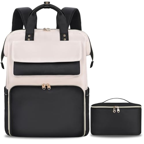 BERTASCHE Lunch Backpack for Women, 17.3 Inch Laptop Backpack with Insulated Cooler Lunch box, Nurse Backpack for Teacher Work Travel College Picnic, Black-Beige - color: Black-beige, size: 17.3 inch