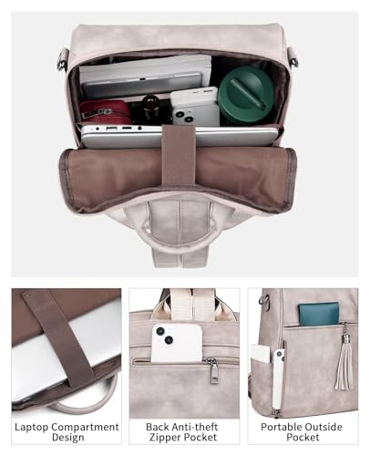 FADEON Laptop Backpack Purse for Women Large Designer PU Leather Laptop Bag, Ladies Computer Shoulder Bags - color: Dark Gray Retro Style