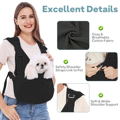 Supet Dog Carrier Sling for Small Dogs, Hands Free Adjustable Soft Cotton Puppy Chest Bag Carrier, Anti-Anxiety & Back Pain Relief Pet Front Pack (Black, Regular) - color: Black, size: Regular (0-7 LBS)