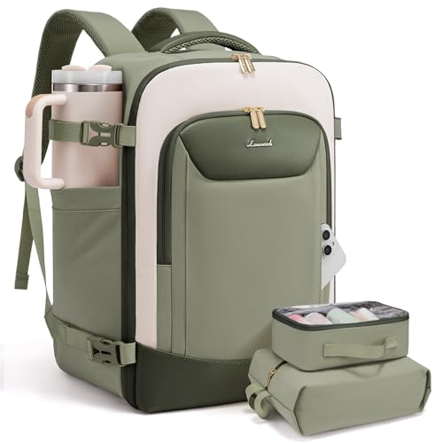 LOVEVOOK 40L Travel Backpack for Women Men, Large Carry on Backpack for Airplanes TSA Personal Item Travel Bag fits 15.6" Laptop, Waterproof Weekender Essentials Airline Approved with 2 Packing Cubes - color: Light Green-beige-olive Green, size: 40L-3Pcs