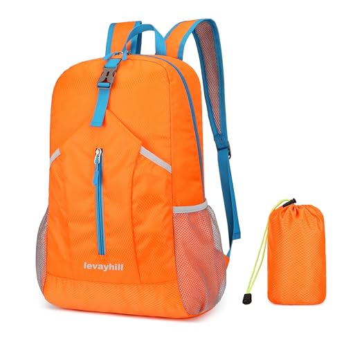 levayhill 25L Foldable Hiking Backpack,Small Packable Daypack, Orange | Lightweight Collapsible Bag,Water Repellent Travel Basic-Daypack,Men Women Camping Cycling Rucksack Outdoor Back Pack - color: Orange