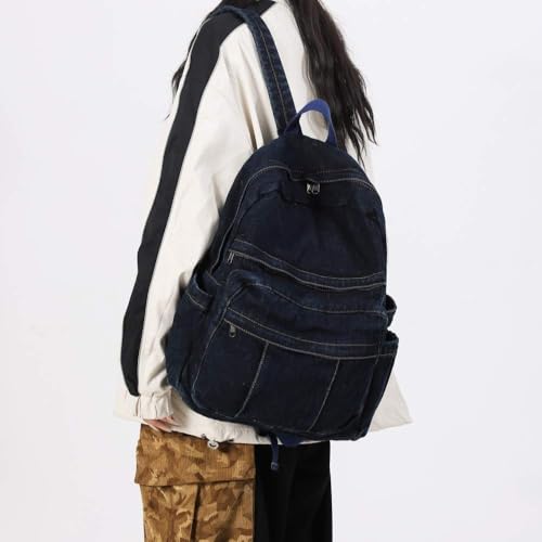 Dark Wash Denim Jean Backpack for Women & Men Retro Aesthetic Rucksack Basic Backpack for High School/College Students Travel Laptop Bag - color: Dark Denim