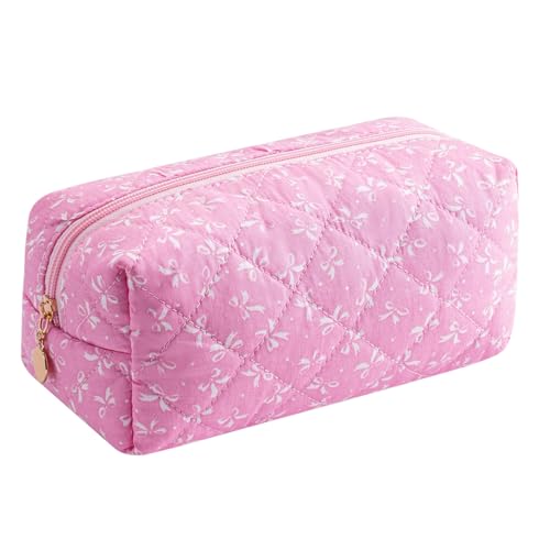 Cute Floral Makeup Bag Small Cotton Quilted Cosmetic Bag, Aesthetic Essential Bag Emergency Bag Gift for Women Girls Travel Accessories (Pink) - color: Pink